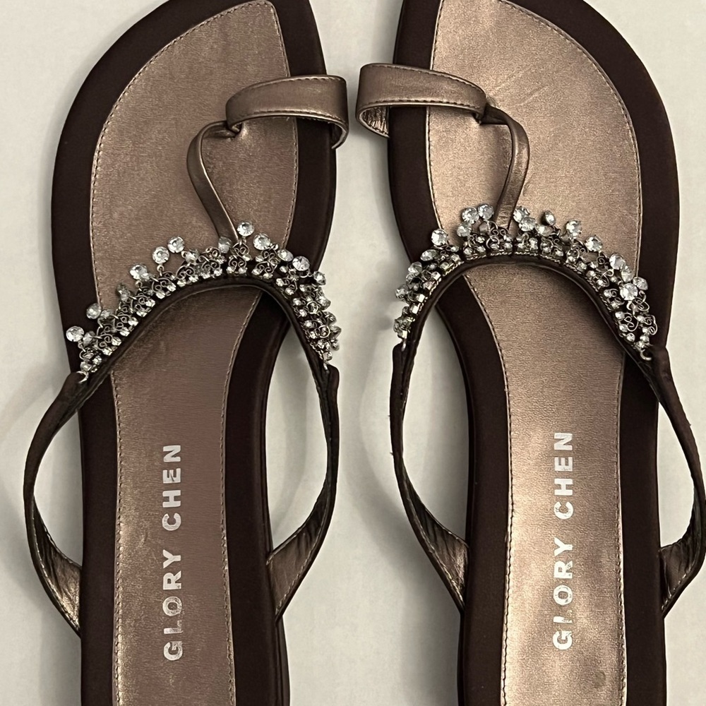 Glory Chen satin and jeweled sandals